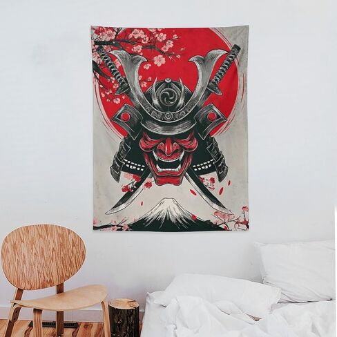 JYOUQOC Ghost Warrior Mask Samurai Sword Cherry Blossom Tapestry Flag Backdrop Wall Hanging Large Wall Art Decor for Dorm Office Bedroom Living Room 30"×40" in Saudi Arabia
