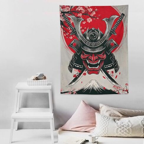 JYOUQOC Ghost Warrior Mask Samurai Sword Cherry Blossom Tapestry Flag Backdrop Wall Hanging Large Wall Art Decor for Dorm Office Bedroom Living Room 30"×40" in Saudi Arabia