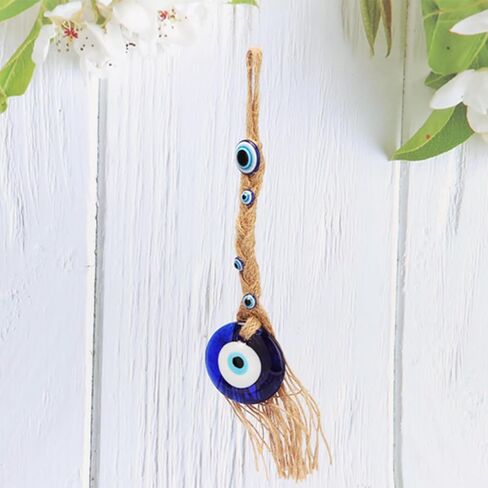Turkish Glass Amulet, Blue Evil Eye Charm with Jute Rope for Home Office Garden Decoration, Protection Wall Hanging in Saudi Arabia