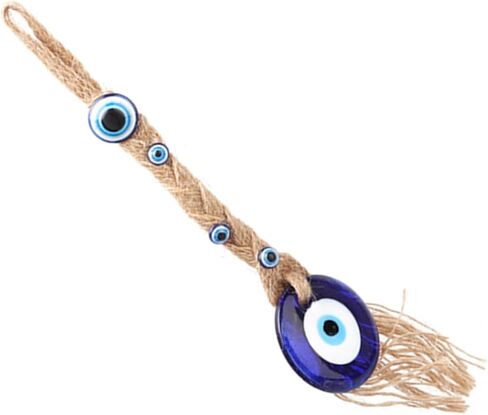 Turkish Glass Amulet, Blue Evil Eye Charm with Jute Rope for Home Office Garden Decoration, Protection Wall Hanging in Saudi Arabia