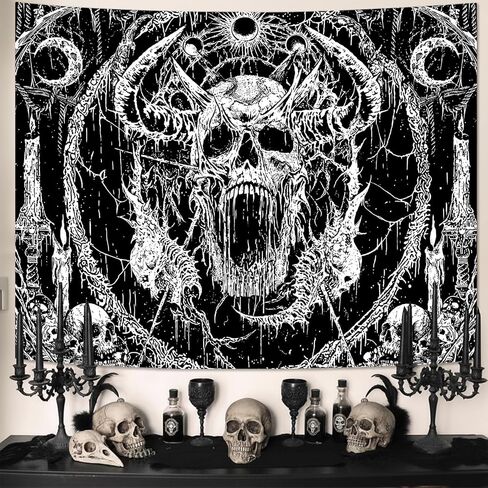 kampdream نسيج الجمجمة القوطية، أبيض وأسود الظلام شيطان الرعب الجمالية المفروشات الجدار شنقا لغرفة المعيشة النوم، 44x60 بوصة in Kuwait