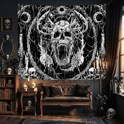 kampdream نسيج الجمجمة القوطية، أبيض وأسود الظلام شيطان الرعب الجمالية المفروشات الجدار شنقا لغرفة المعيشة النوم، 44x60 بوصة in Kuwait
