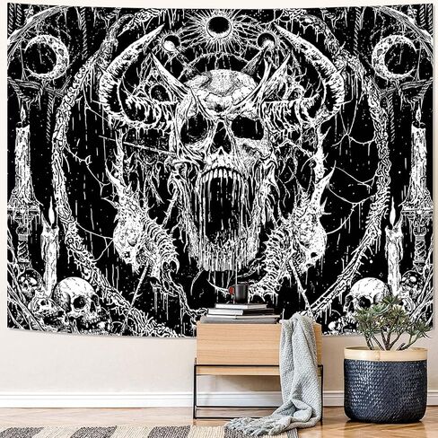 kampdream نسيج الجمجمة القوطية، أبيض وأسود الظلام شيطان الرعب الجمالية المفروشات الجدار شنقا لغرفة المعيشة النوم، 44x60 بوصة in Kuwait