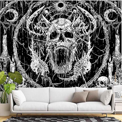 kampdream نسيج الجمجمة القوطية، أبيض وأسود الظلام شيطان الرعب الجمالية المفروشات الجدار شنقا لغرفة المعيشة النوم، 44x60 بوصة in Kuwait
