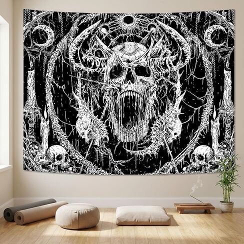 kampdream نسيج الجمجمة القوطية، أبيض وأسود الظلام شيطان الرعب الجمالية المفروشات الجدار شنقا لغرفة المعيشة النوم، 44x60 بوصة in Kuwait