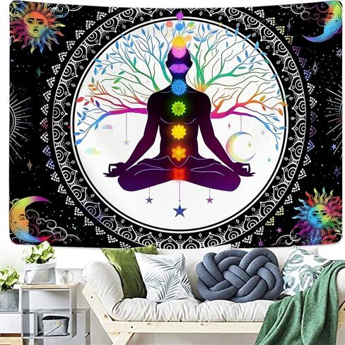 FENDROM Sun And Moon Seven Chakra Yoga Meditation Wall Hanging - Colorful Life Tree Mandala Indian Hippie Chakra Tapestry for Studio Room Bedroom College Dorm Decor in Kuwait