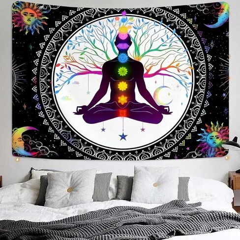 FENDROM Sun And Moon Seven Chakra Yoga Meditation Wall Hanging - Colorful Life Tree Mandala Indian Hippie Chakra Tapestry for Studio Room Bedroom College Dorm Decor in Kuwait