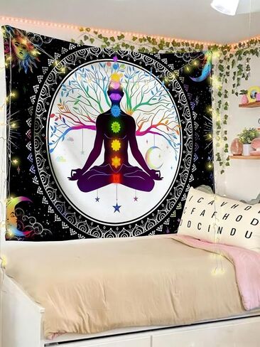 FENDROM Sun And Moon Seven Chakra Yoga Meditation Wall Hanging - Colorful Life Tree Mandala Indian Hippie Chakra Tapestry for Studio Room Bedroom College Dorm Decor in Kuwait