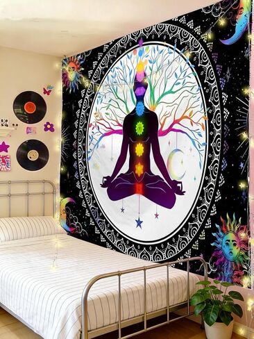FENDROM Sun And Moon Seven Chakra Yoga Meditation Wall Hanging - Colorful Life Tree Mandala Indian Hippie Chakra Tapestry for Studio Room Bedroom College Dorm Decor in Kuwait