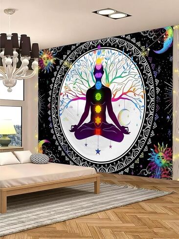 FENDROM Sun And Moon Seven Chakra Yoga Meditation Wall Hanging - Colorful Life Tree Mandala Indian Hippie Chakra Tapestry for Studio Room Bedroom College Dorm Decor in Kuwait