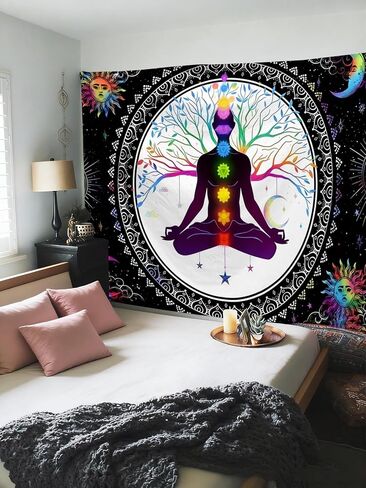 FENDROM Sun And Moon Seven Chakra Yoga Meditation Wall Hanging - Colorful Life Tree Mandala Indian Hippie Chakra Tapestry for Studio Room Bedroom College Dorm Decor in Kuwait