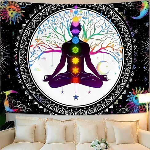 FENDROM Sun And Moon Seven Chakra Yoga Meditation Wall Hanging - Colorful Life Tree Mandala Indian Hippie Chakra Tapestry for Studio Room Bedroom College Dorm Decor in Kuwait