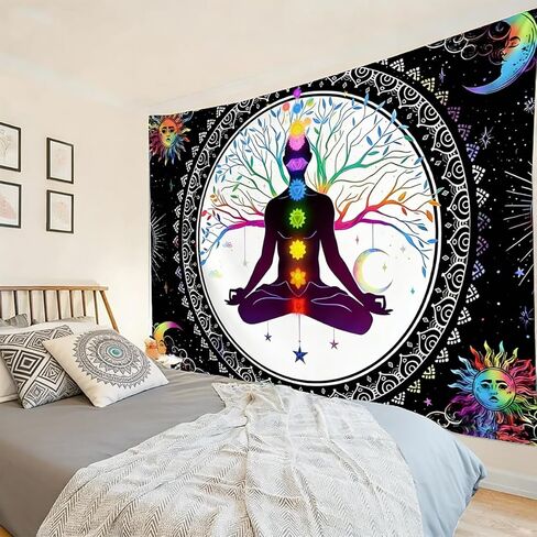 FENDROM Sun And Moon Seven Chakra Yoga Meditation Wall Hanging - Colorful Life Tree Mandala Indian Hippie Chakra Tapestry for Studio Room Bedroom College Dorm Decor in Kuwait