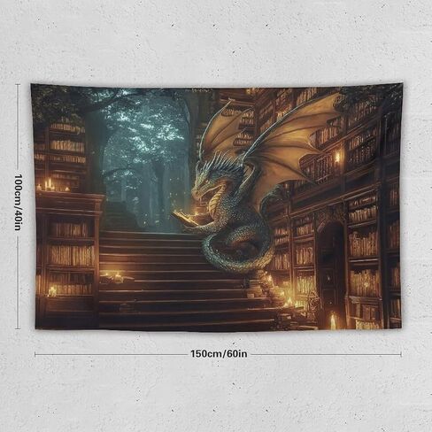 CLiqr Majestic Dragon Enchanted Forest Library Tapestry Wall Hanging Aesthetic Decoration For Bedroom Living Room Wall Art Tapestries 59"x39" in Kuwait