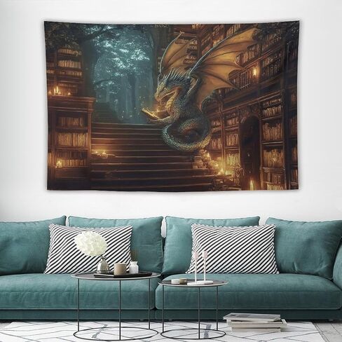 CLiqr Majestic Dragon Enchanted Forest Library Tapestry Wall Hanging Aesthetic Decoration For Bedroom Living Room Wall Art Tapestries 59"x39" in Kuwait