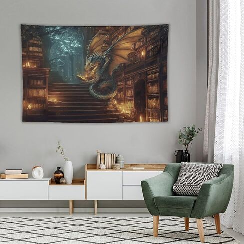 CLiqr Majestic Dragon Enchanted Forest Library Tapestry Wall Hanging Aesthetic Decoration For Bedroom Living Room Wall Art Tapestries 59"x39" in Kuwait