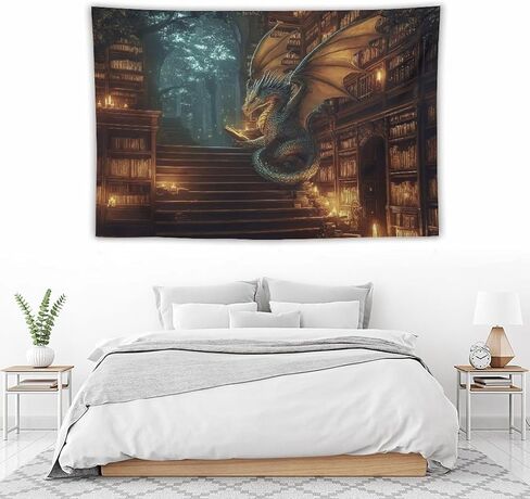 CLiqr Majestic Dragon Enchanted Forest Library Tapestry Wall Hanging Aesthetic Decoration For Bedroom Living Room Wall Art Tapestries 59"x39" in Kuwait
