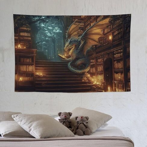 CLiqr Majestic Dragon Enchanted Forest Library Tapestry Wall Hanging Aesthetic Decoration For Bedroom Living Room Wall Art Tapestries 59"x39" in Kuwait
