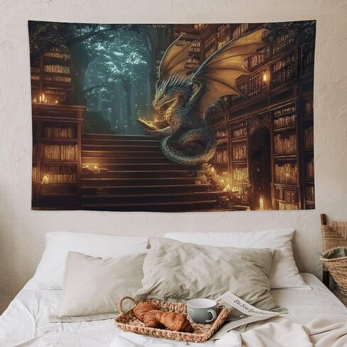 CLiqr Majestic Dragon Enchanted Forest Library Tapestry Wall Hanging Aesthetic Decoration For Bedroom Living Room Wall Art Tapestries 59"x39" in Kuwait