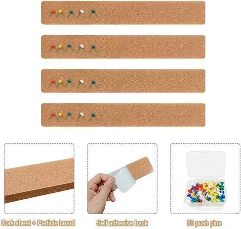 شرائط لوحة الفلين ذاتية اللصق - 12 × 2 بوصة، وسمك 0.4 بوصة، 4 عبوات مع 50 دبوس دفع متعدد الألوان للجدار والملاحظات والصور والجداول الزمنية والمكتب المنزلي in Kuwait