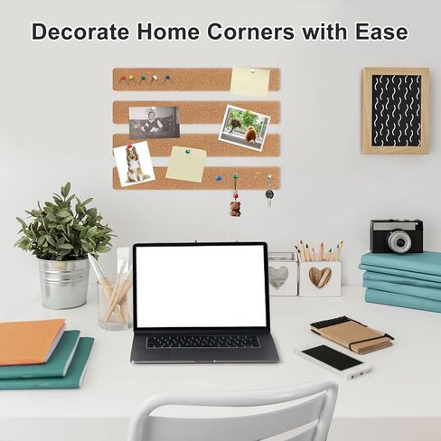 شرائط لوحة الفلين ذاتية اللصق - 12 × 2 بوصة، وسمك 0.4 بوصة، 4 عبوات مع 50 دبوس دفع متعدد الألوان للجدار والملاحظات والصور والجداول الزمنية والمكتب المنزلي in Kuwait