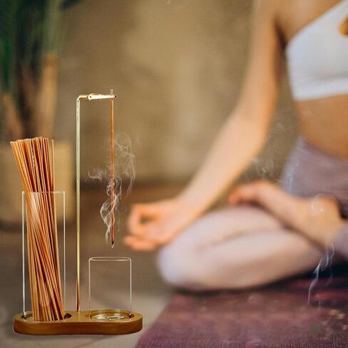 Incense Holder for Sticks with Ash Catcher-2 in 1 Glass Incense Stick & Candle Holder with Storage, Anti-Ash Flying insence-Sticks Burner for Meditation Yoga Spa Home Decor sage (Dark Base) in Saudi Arabia