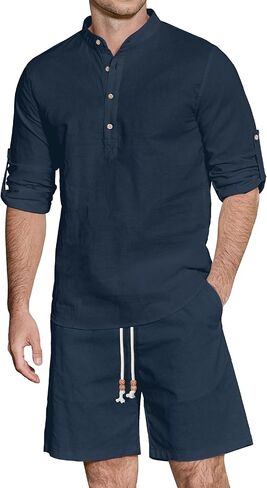 JEMLDL Men's 2 Piece Linen Cotton Set Casual Long Sleeve Cuban Henley Shirt & Shorts Summer Beach Vacation Outfits in Kuwait