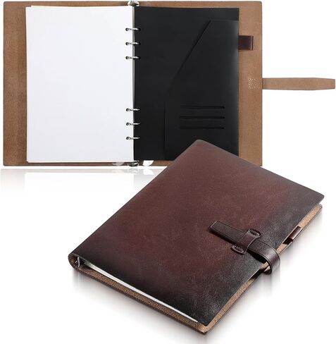 دفتر ملاحظات جلدي مقاس A5 قابل لإعادة الملء، مجلة جلدية أصلية مكونة من 6 حلقات مع جيب، فتحات للبطاقات، حامل أقلام، ورق مبطن قابل للإزالة 160 صفحة، مخطط قابل لإعادة الاستخدام للأعمال التجارية للكاتب يوميًا in Kuwait