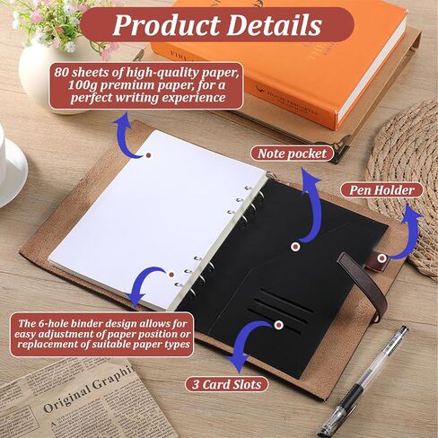 دفتر ملاحظات جلدي مقاس A5 قابل لإعادة الملء، مجلة جلدية أصلية مكونة من 6 حلقات مع جيب، فتحات للبطاقات، حامل أقلام، ورق مبطن قابل للإزالة 160 صفحة، مخطط قابل لإعادة الاستخدام للأعمال التجارية للكاتب يوميًا in Kuwait