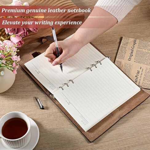 دفتر ملاحظات جلدي مقاس A5 قابل لإعادة الملء، مجلة جلدية أصلية مكونة من 6 حلقات مع جيب، فتحات للبطاقات، حامل أقلام، ورق مبطن قابل للإزالة 160 صفحة، مخطط قابل لإعادة الاستخدام للأعمال التجارية للكاتب يوميًا in Kuwait