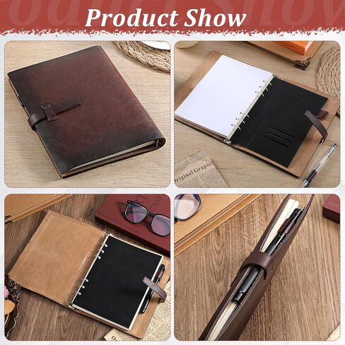 دفتر ملاحظات جلدي مقاس A5 قابل لإعادة الملء، مجلة جلدية أصلية مكونة من 6 حلقات مع جيب، فتحات للبطاقات، حامل أقلام، ورق مبطن قابل للإزالة 160 صفحة، مخطط قابل لإعادة الاستخدام للأعمال التجارية للكاتب يوميًا in Kuwait