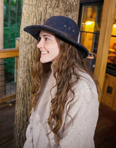 Hugh Brimmed Winter Hat - Wool Blend with Faux Leather Band, Moisture Wicking Sweatband, Unisex (Dark Navy) in Kuwait