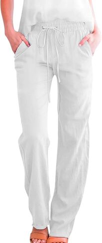 Straight Leg Cotton Linen Pants for Women Summer Casual Elastic Waist Lightweight Plus Size Lounge Long Trousers in Saudi Arabia