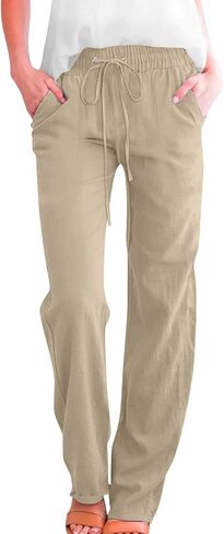 Straight Leg Cotton Linen Pants for Women Summer Casual Elastic Waist Lightweight Plus Size Lounge Long Trousers in Kuwait