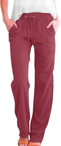 Straight Leg Cotton Linen Pants for Women Summer Casual Elastic Waist Lightweight Plus Size Lounge Long Trousers in Kuwait