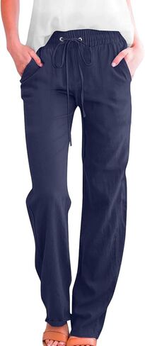 Straight Leg Cotton Linen Pants for Women Summer Casual Elastic Waist Lightweight Plus Size Lounge Long Trousers in Kuwait