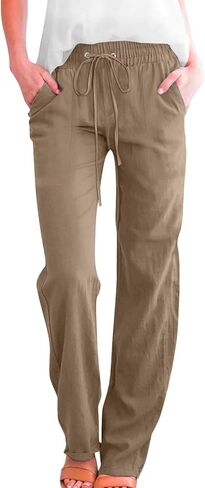 Straight Leg Cotton Linen Pants for Women Summer Casual Elastic Waist Lightweight Plus Size Lounge Long Trousers in Kuwait