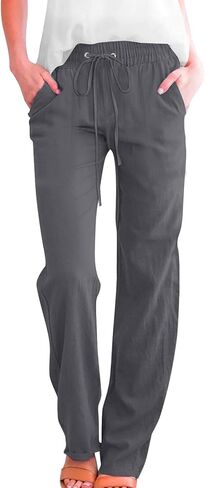 Straight Leg Cotton Linen Pants for Women Summer Casual Elastic Waist Lightweight Plus Size Lounge Long Trousers in Kuwait