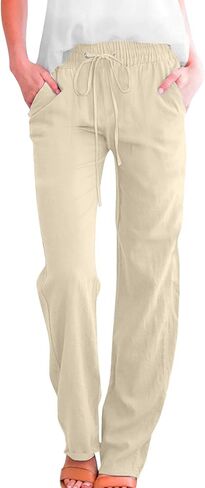 Straight Leg Cotton Linen Pants for Women Summer Casual Elastic Waist Lightweight Plus Size Lounge Long Trousers in Kuwait