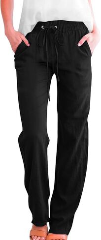 Straight Leg Cotton Linen Pants for Women Summer Casual Elastic Waist Lightweight Plus Size Lounge Long Trousers in Kuwait