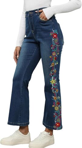 AK Women's High Waisted Embroidered Wide Leg Jeans, Cropped Mom Jeans for Women, Bohemian Floral Fashion Denim Capris in Saudi Arabia
