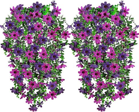 4 قطع نباتات زهور صناعية معلقة للديكور الخارجي، ديزي صناعي مع أوراق الأوكالبتوس مقاومة للبهتان، كرمة طويلة للباب الأمامي، شرفة، فناء (أرجواني فاتح وردي) in Kuwait