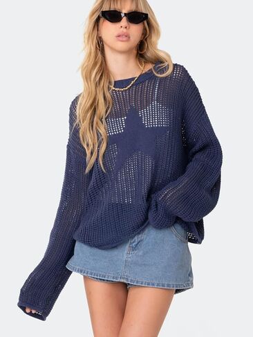 كنزة صوفية كروشيه متماسكة على شكل نجمة عتيقة - بلوزة نسائية فضفاضة غير رسمية مجوفة من Smock Grunge ملابس الشارع الشهير in Kuwait