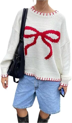 GORGLITTER Women's Oversized Bow Knit Sweater Cute Y2K Fall Winter Long Sleeve Crewneck Pullover Tops in Saudi Arabia