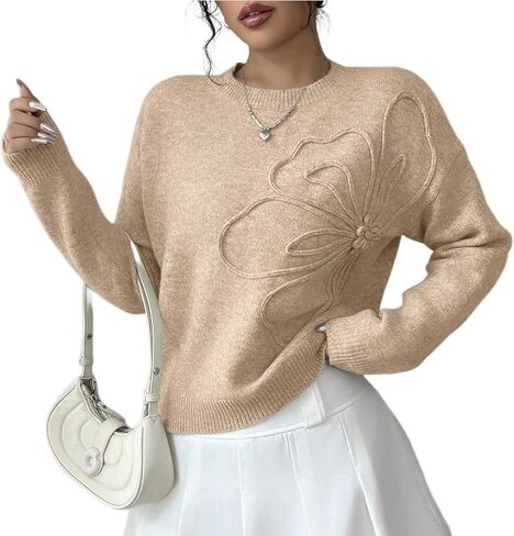 Women's 3D Floral Appliques Crewneck Sweaters Long Sleeve Drop Shoulder Pullovers Elegant Knit Tops Cropped Sweater in Saudi Arabia