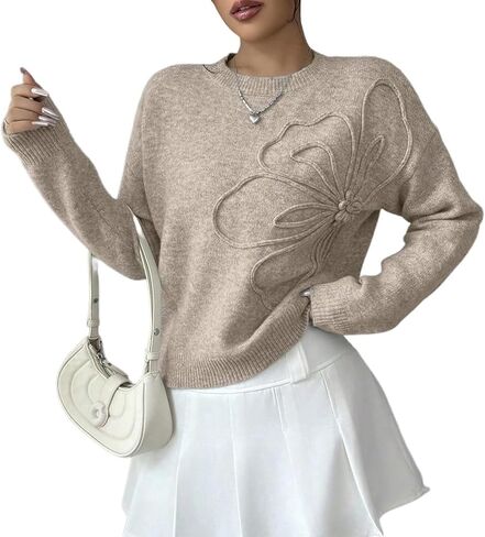Women's 3D Floral Appliques Crewneck Sweaters Long Sleeve Drop Shoulder Pullovers Elegant Knit Tops Cropped Sweater in Saudi Arabia