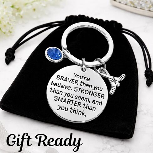 Ice Hockey Keychain with Engraved Quote and Birthstone Charm, Stainless Steel Hockey Stick Keychain with Inspirational Message in Kuwait