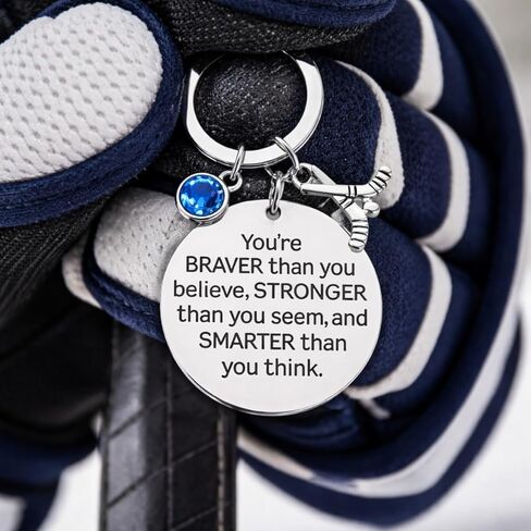 Ice Hockey Keychain with Engraved Quote and Birthstone Charm, Stainless Steel Hockey Stick Keychain with Inspirational Message in Kuwait
