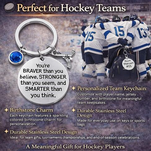 Ice Hockey Keychain with Engraved Quote and Birthstone Charm, Stainless Steel Hockey Stick Keychain with Inspirational Message in Kuwait