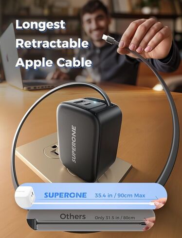 SUPERONE 3-in-1 Retractable iPhone Charger Block with Lightning Cable, 58W Fast USB Charger Block with Foldable Plug, 35.4in Retractable Wall Charger for iPhone 14/13/12/11, iPad, Air-Pods and More in Kuwait